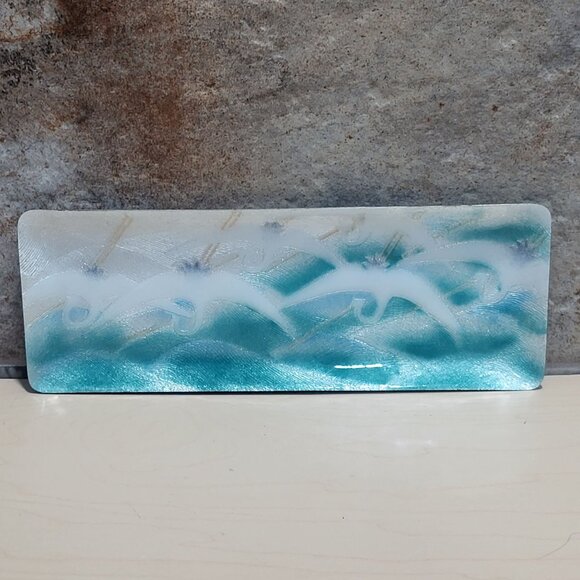 Vintage Enamel Rectangular Dish With Wave and Crane Motifs - Picture 2 of 8